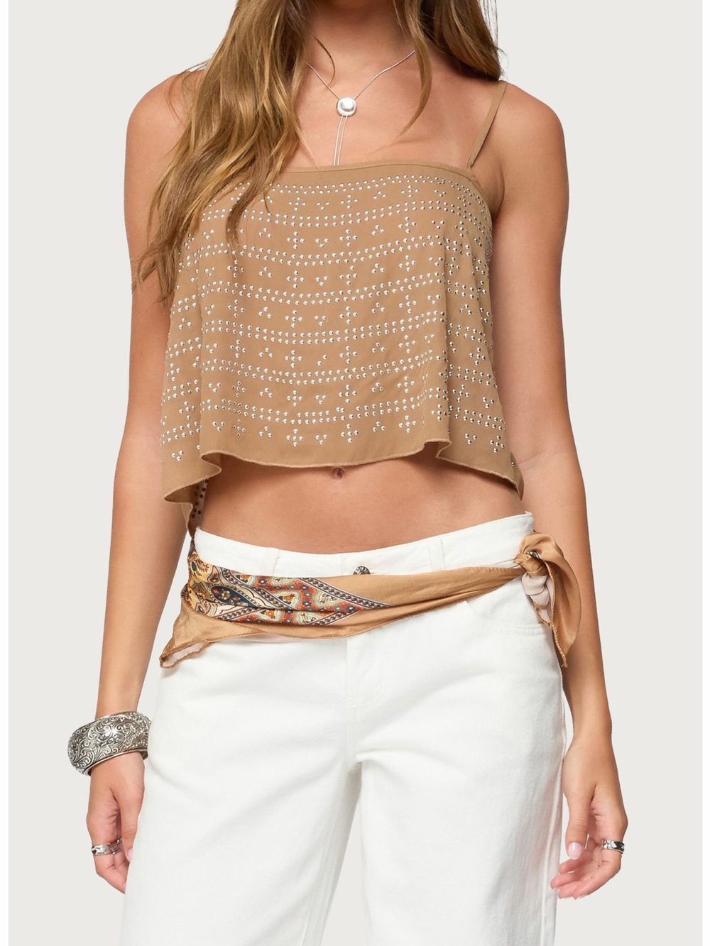 Edikted Tan Beaded Crop Cami Top